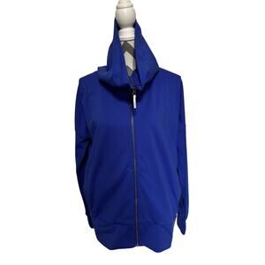 MPG Hood Jacket Blue Full Zip Thumb Holes Pleated Back Womens XLarge Athleisure